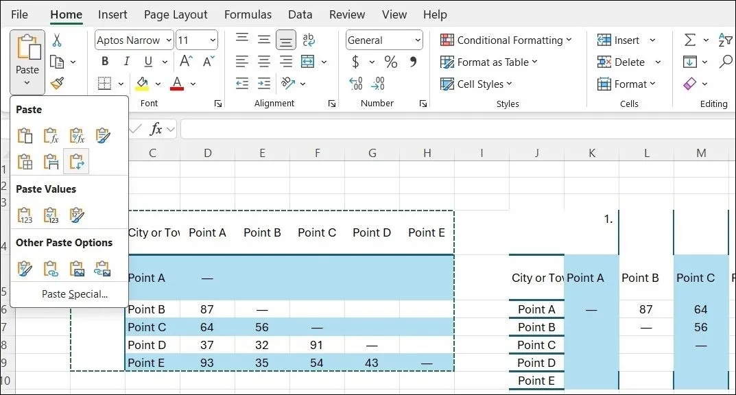 Tùy chọn Transpose trong Excel để đảo ngược hàng và cột của bảng