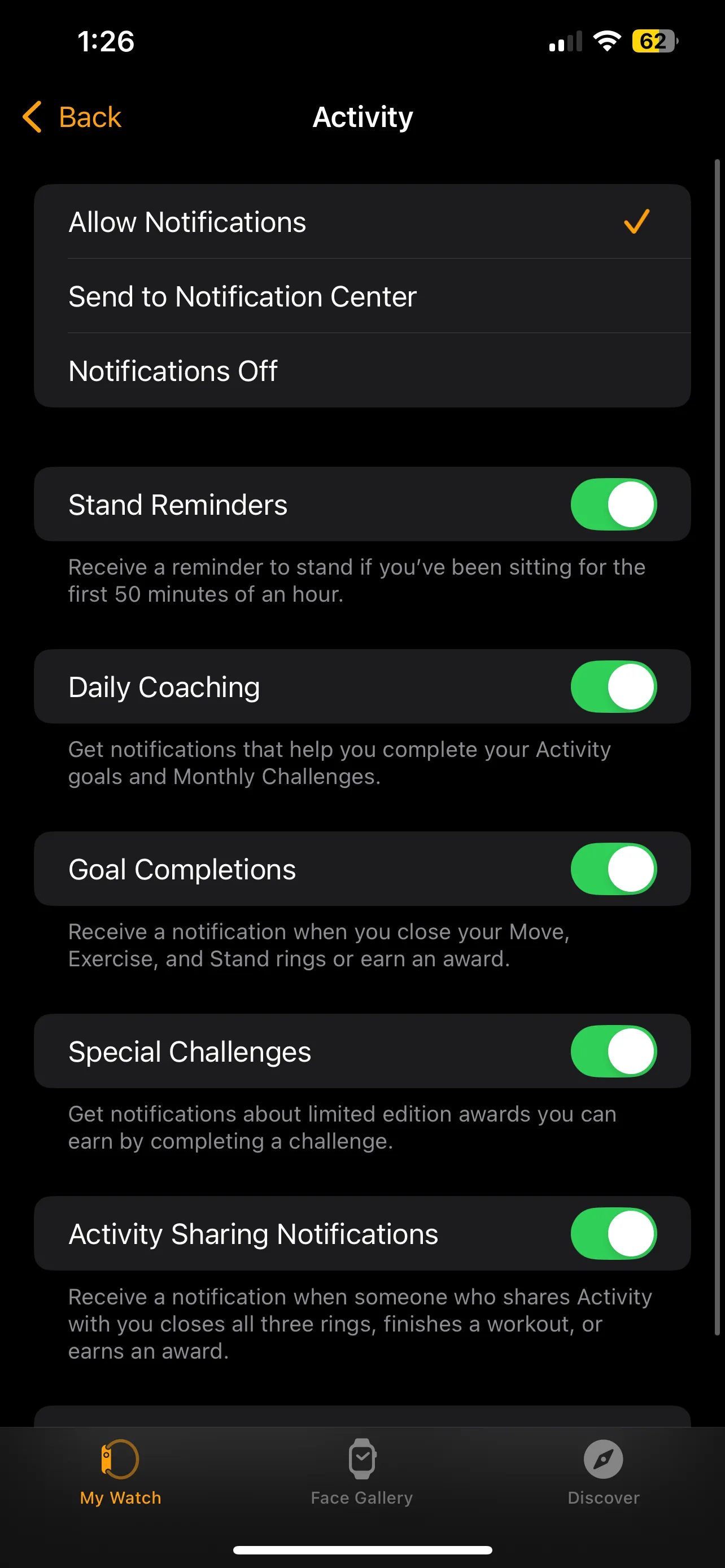 Tùy chọn trong ứng dụng Đồng hồ để bật nhắc nhở đứng của Apple Watch