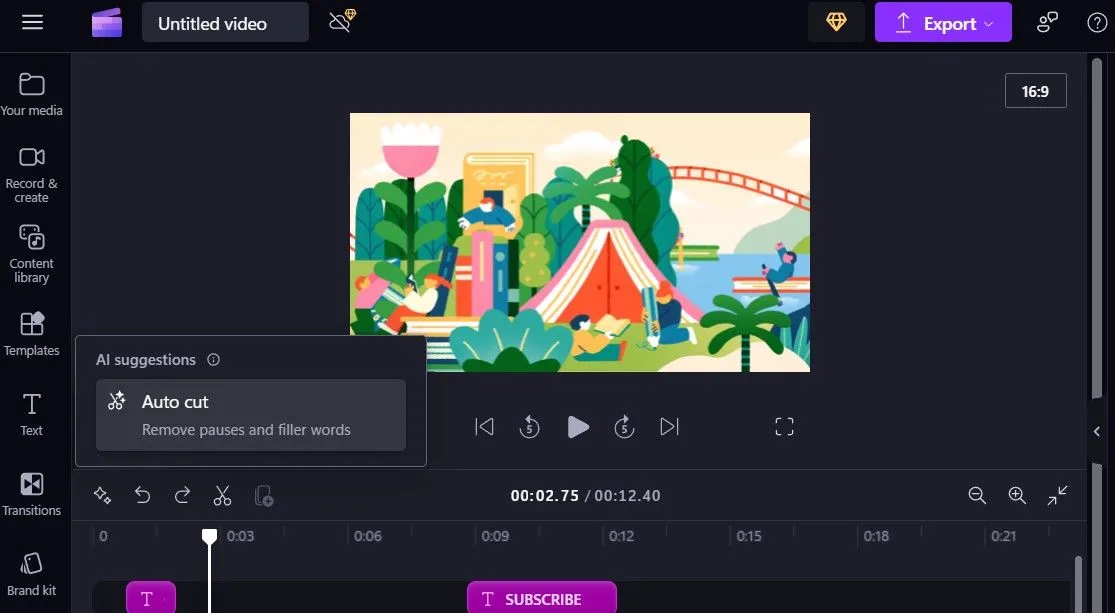 Tùy chọn tự động cắt bỏ khoảng lặng và từ thừa trong Clipchamp