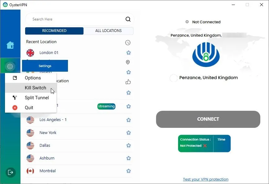 Tùy chọn vô hiệu hóa tính năng Kill Switch trong ứng dụng OysterVPN, minh họa tầm quan trọng của cơ chế bảo vệ VPN.