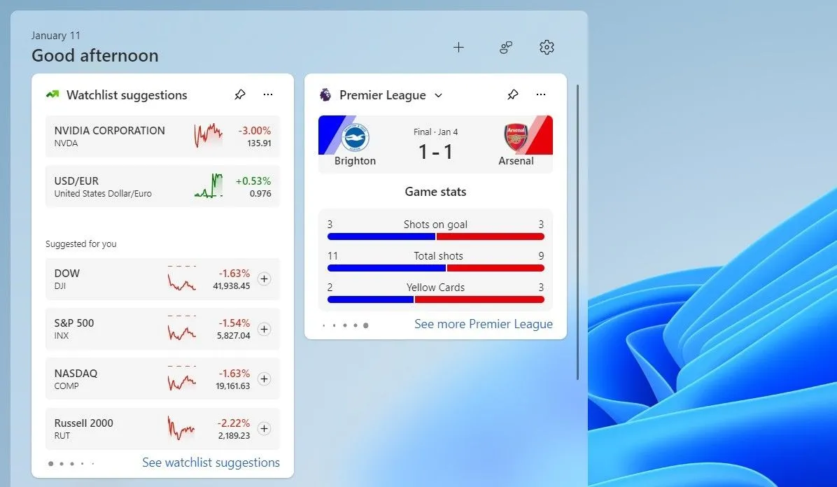 Tỷ số trận bóng đá hiển thị trong bảng tiện ích Windows 11 giúp cập nhật nhanh thông tin