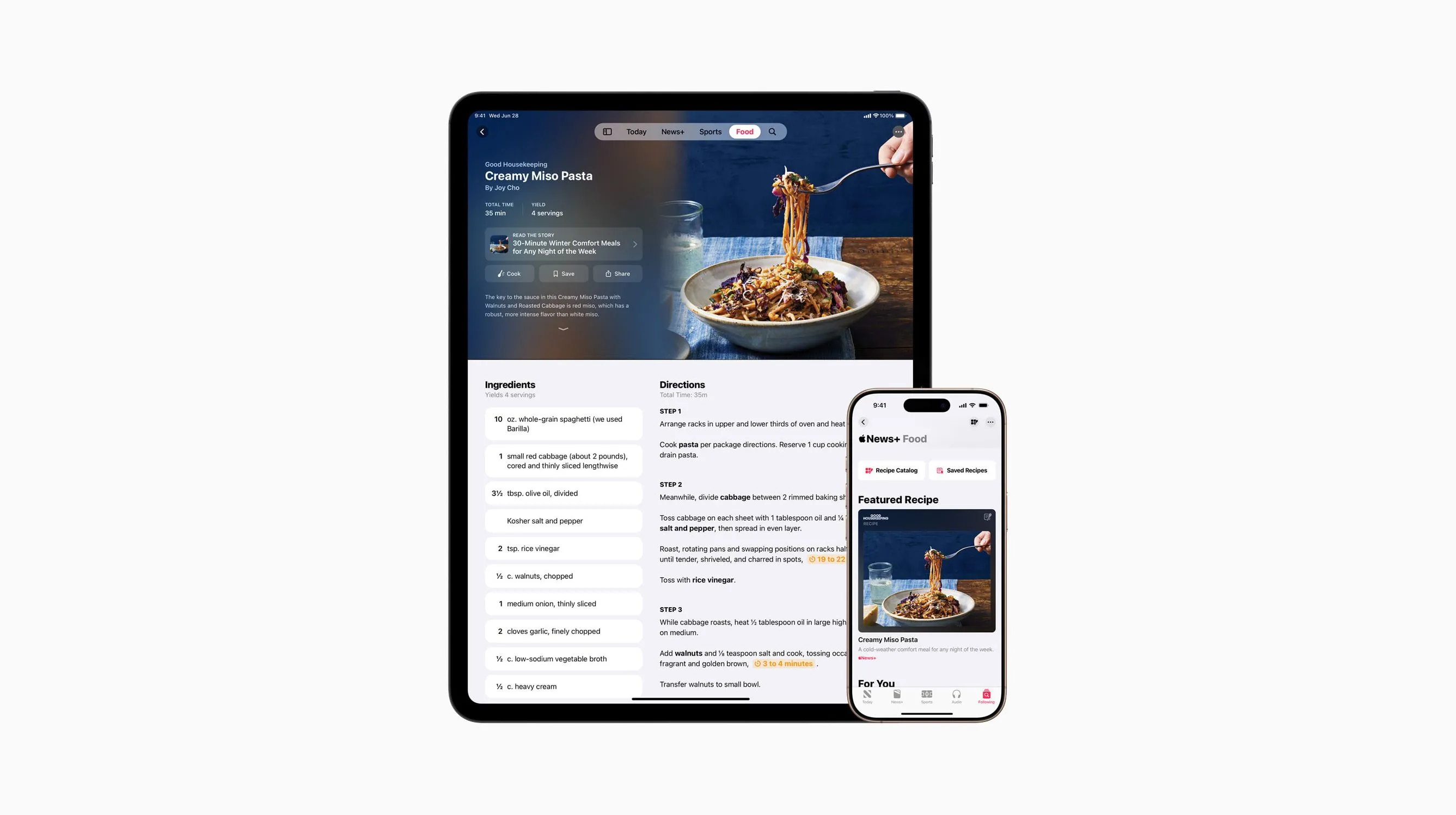 Ứng dụng Apple News+ Food hiển thị công thức nấu ăn trên màn hình iPad và iPhone của Apple