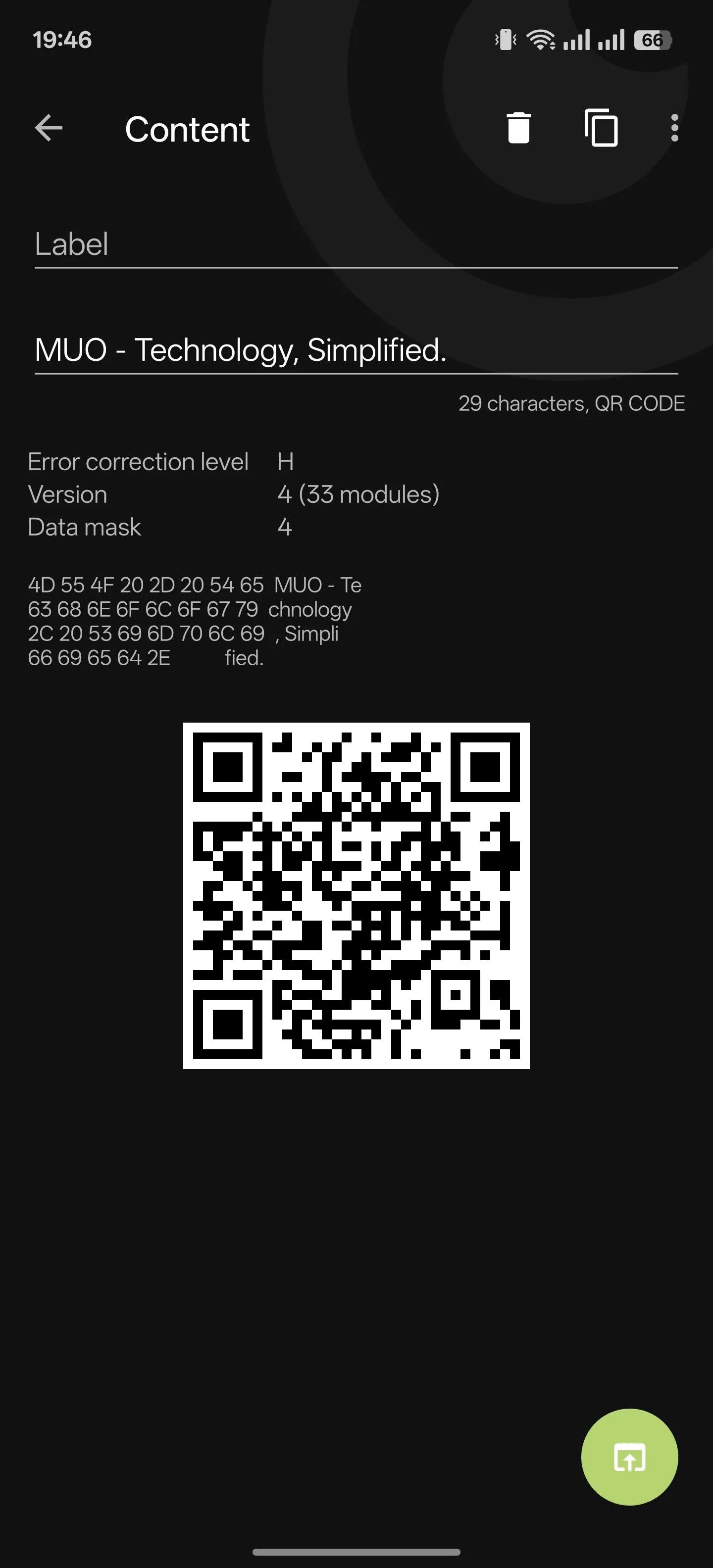 Ứng dụng Binary Eye hiển thị nội dung mã QR vừa được quét.