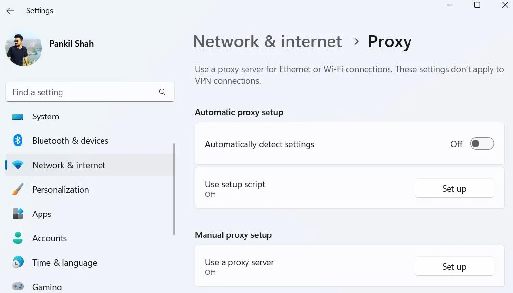 Ứng dụng Cài đặt của Windows 11 hiển thị tùy chọn tự động phát hiện cài đặt proxy đã tắt, giúp khắc phục độ trễ khởi động Chrome