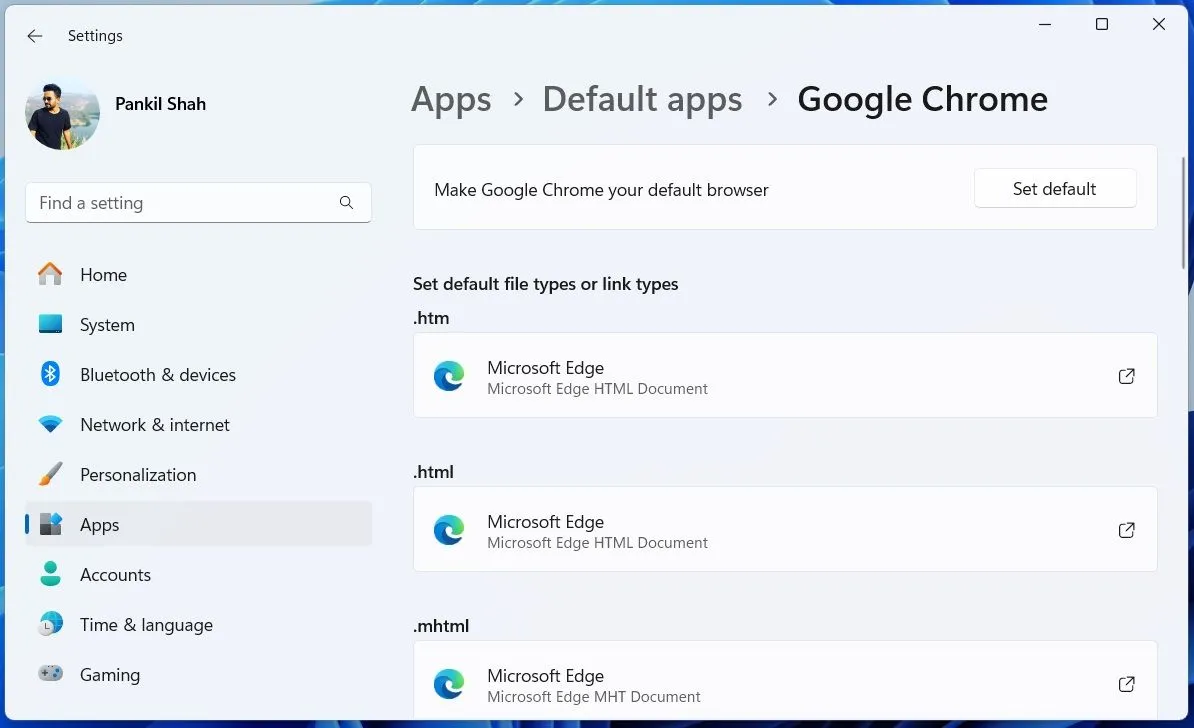 Ứng dụng Cài đặt Windows 11 hiển thị menu quản lý ứng dụng mặc định