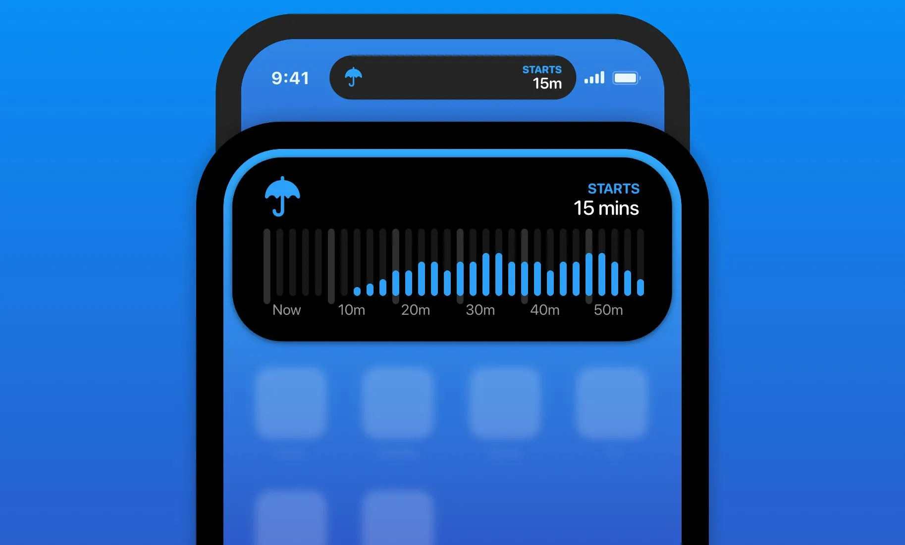 Ứng dụng Carrot Weather hiển thị thông tin dự báo mưa trên Dynamic Island iPhone.