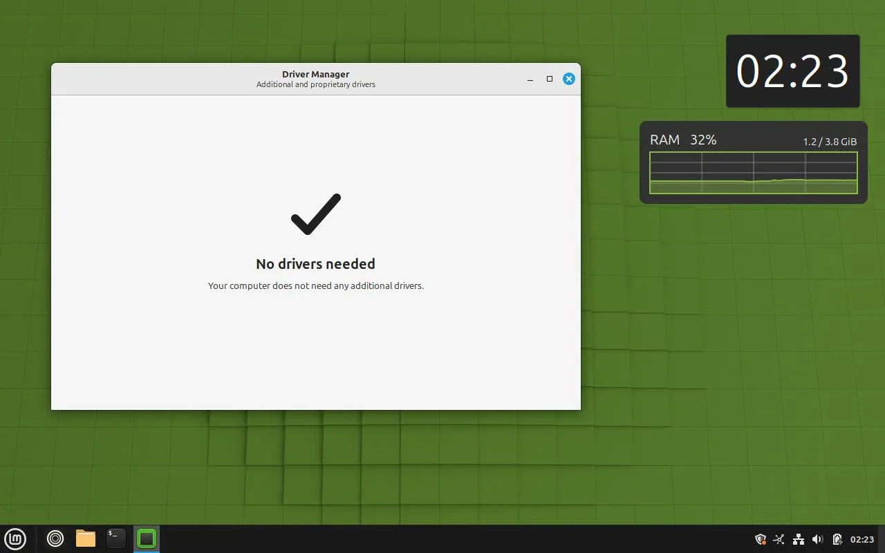 Ứng dụng Driver Manager trên Linux Mint, hiển thị các tùy chọn quản lý và cài đặt driver tự động cho phần cứng
