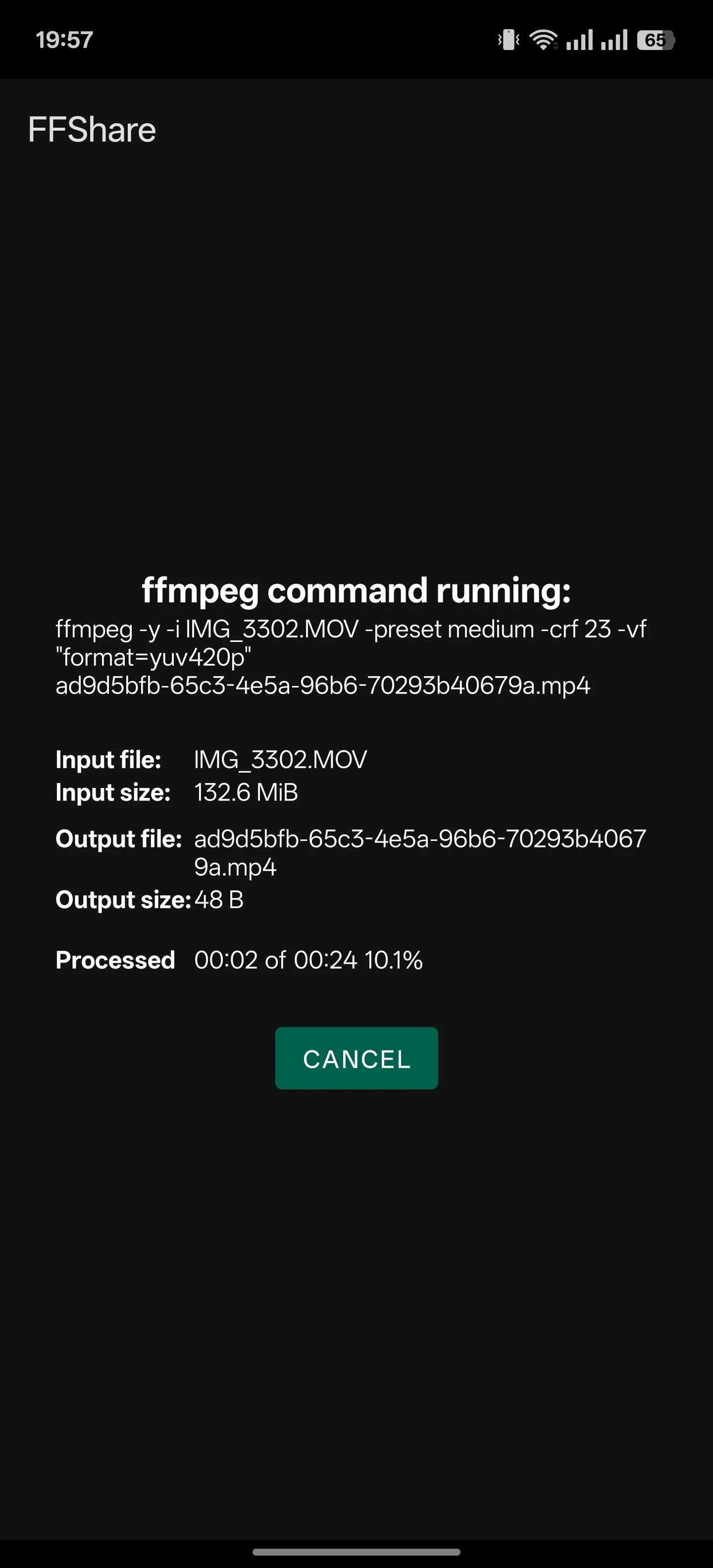 Ứng dụng FFShare trên Android hiển thị quá trình nén file.