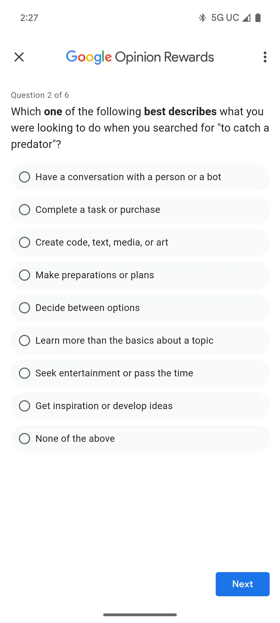 Ứng dụng Google Opinion Rewards hiển thị một câu hỏi khảo sát với nhiều lựa chọn đáp án.