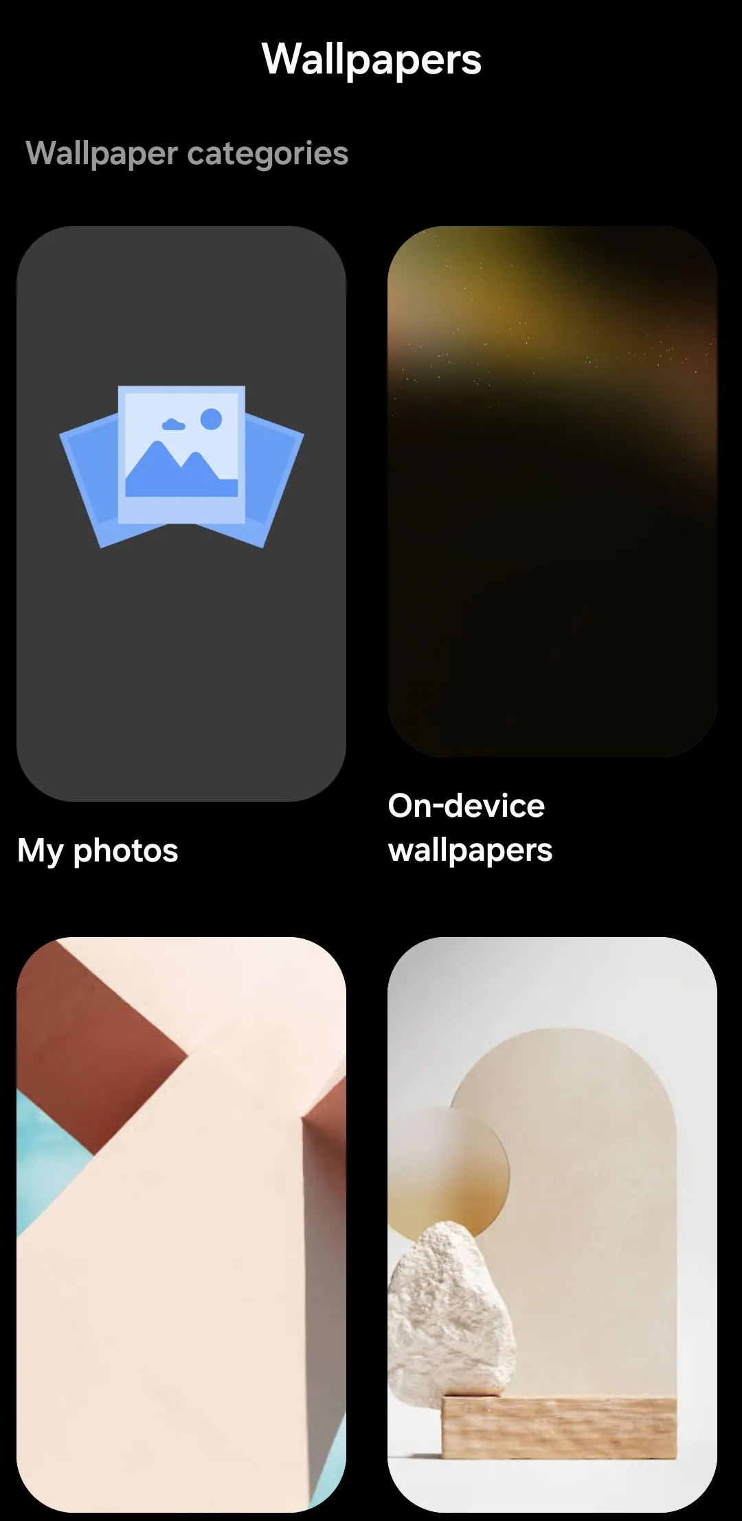 Ứng dụng Google Wallpapers trên Android, hiển thị bộ sưu tập hình nền đa dạng.