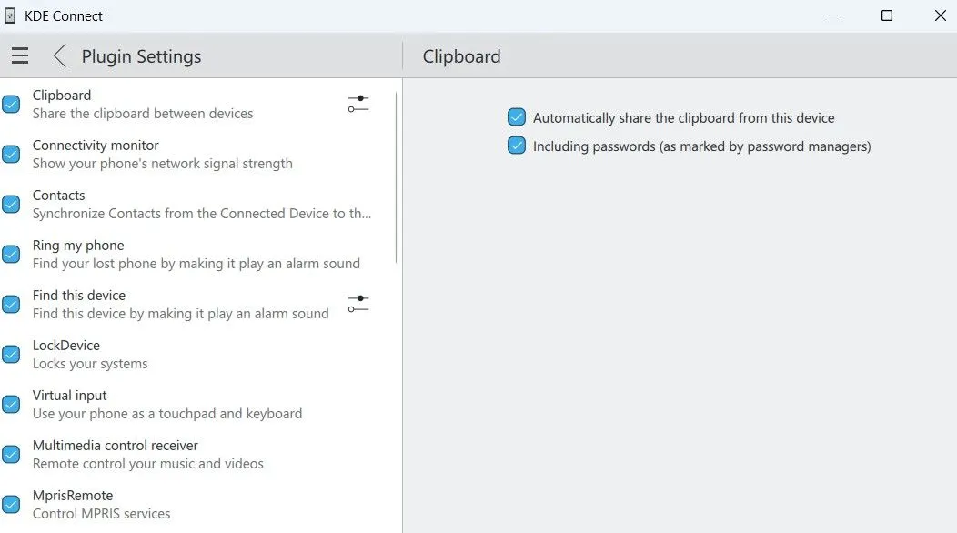 Ứng dụng KDE Connect trên Windows, hiển thị tùy chọn đồng bộ hóa khay nhớ tạm (clipboard) giữa PC và điện thoại Android.