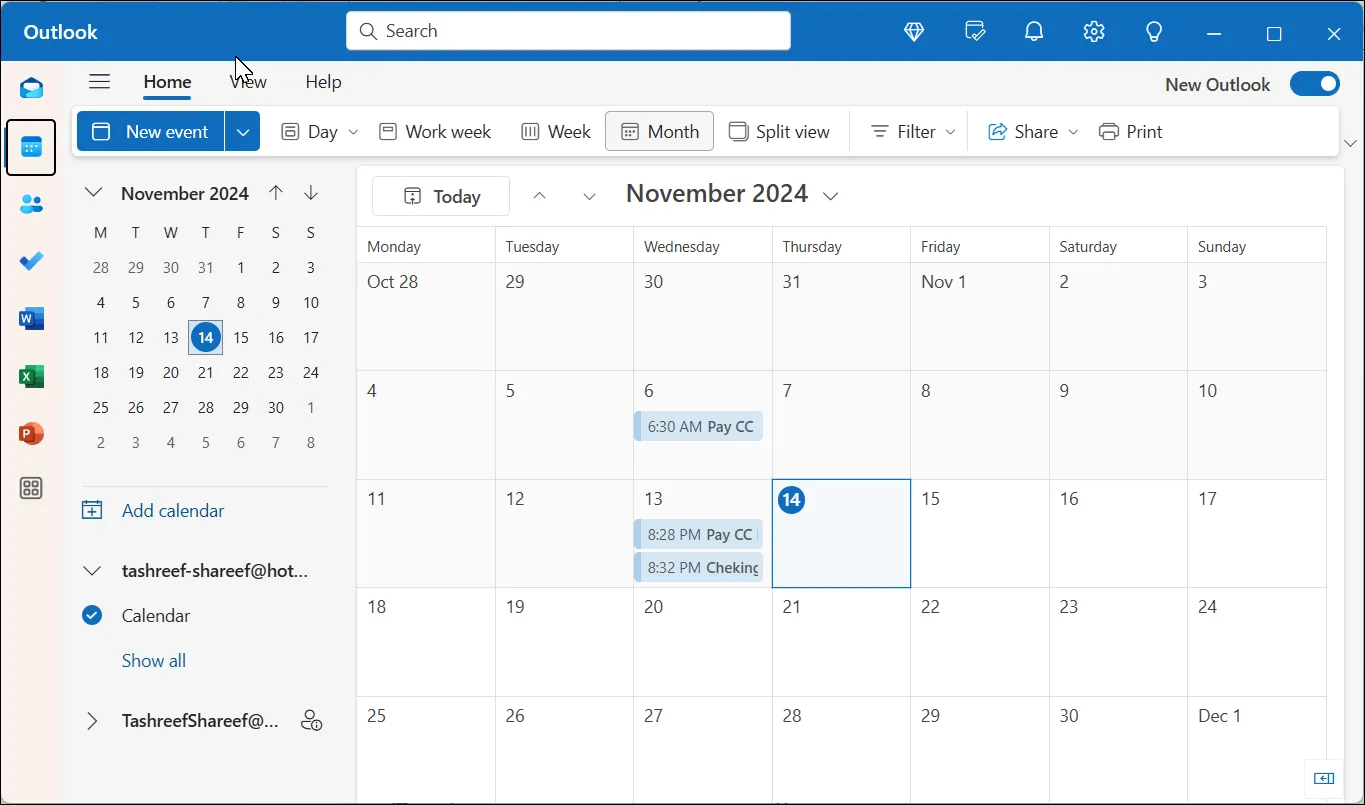 Ứng dụng lịch mở trong ứng dụng khách Outlook trên Windows 11