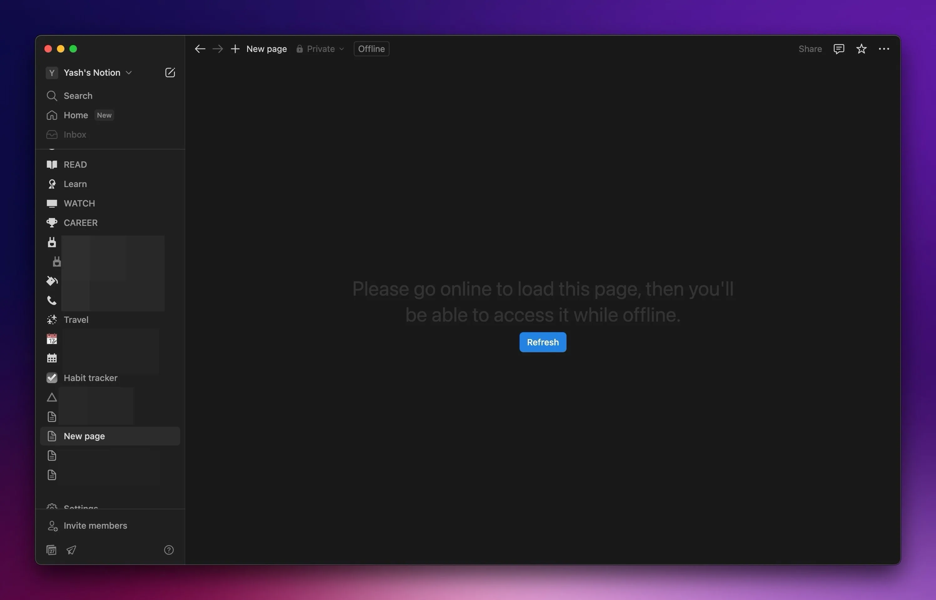 Ứng dụng Notion trên máy Mac hiển thị thông báo không có kết nối internet, minh họa hạn chế truy cập ngoại tuyến.