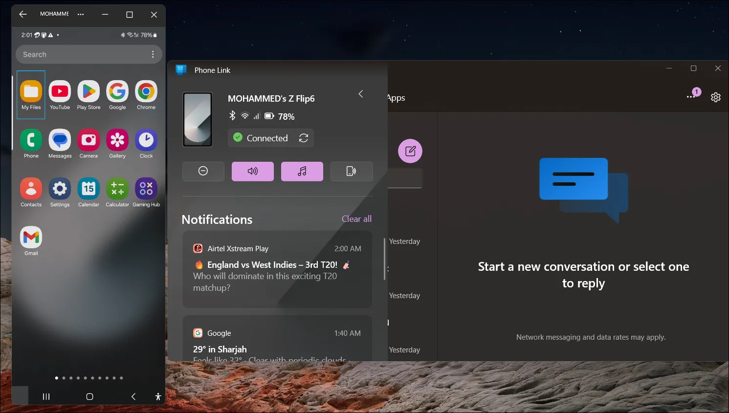 Ứng dụng Phone Link trên Windows 11 đang phản chiếu màn hình điện thoại Samsung Galaxy