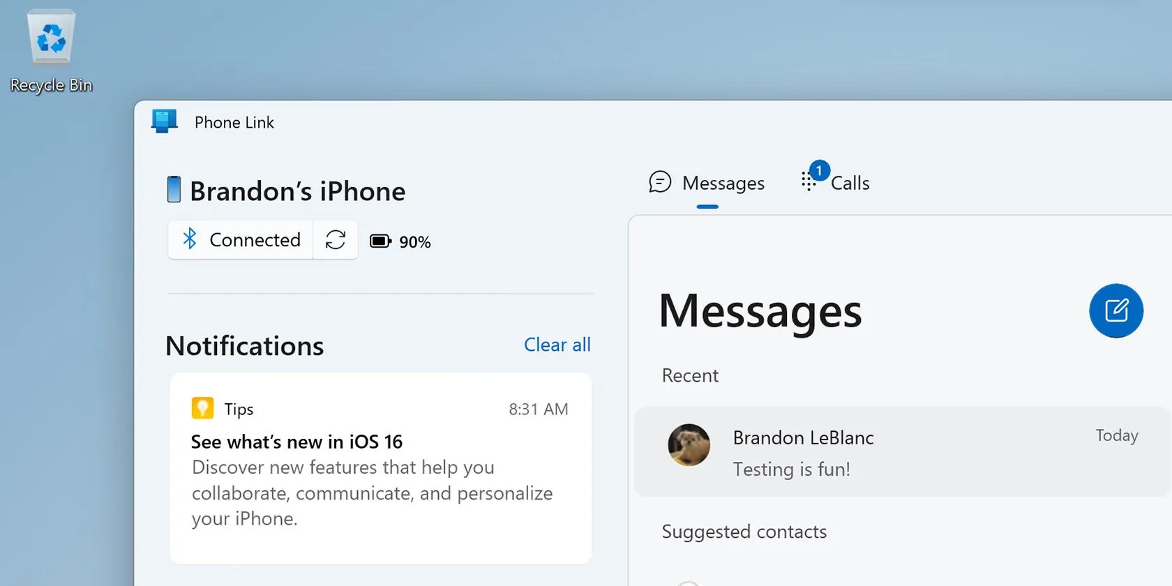 Ứng dụng Phone Link trên Windows 11 hiển thị khả năng tích hợp đầy đủ với iPhone, cho phép quản lý cuộc gọi và tin nhắn.