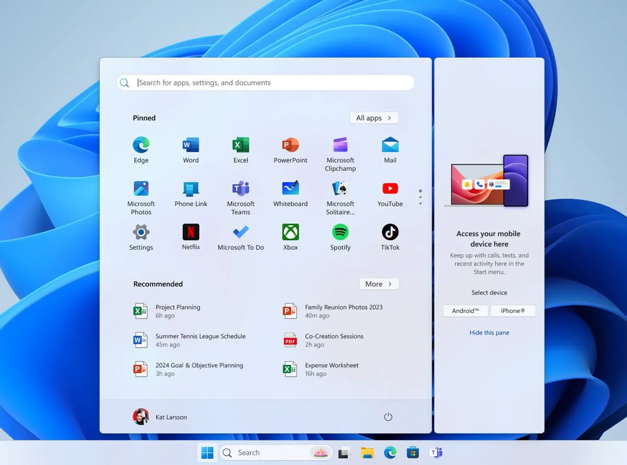 Ứng dụng Phone Link xuất hiện trong menu Start của Windows, thể hiện sự tích hợp sâu vào hệ điều hành
