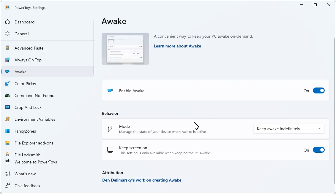 Ứng dụng PowerToys trên Windows 11 hiển thị tab Awake đang bật, cho phép giữ máy tính không ngủ