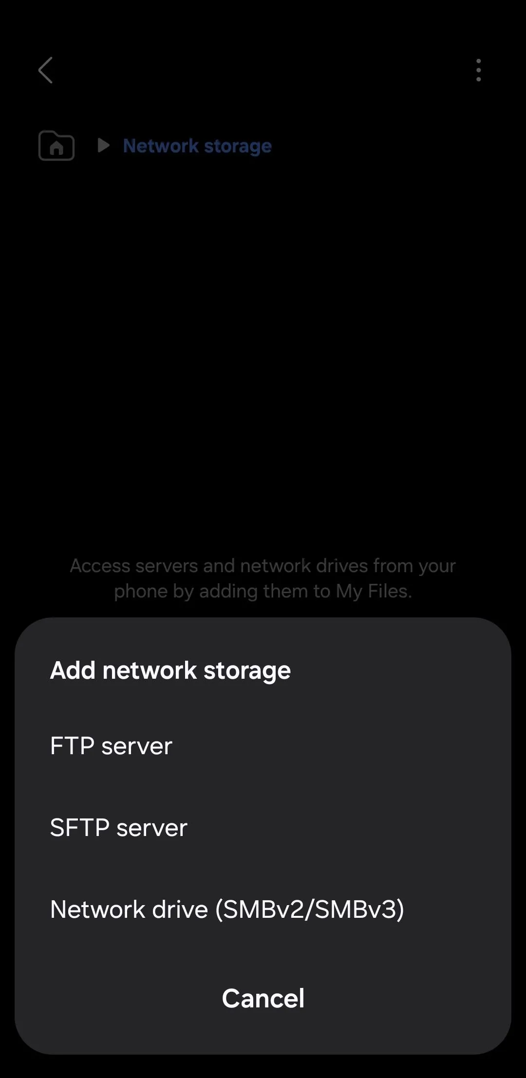 Ứng dụng Samsung Files hiển thị tùy chọn thêm bộ nhớ mạng