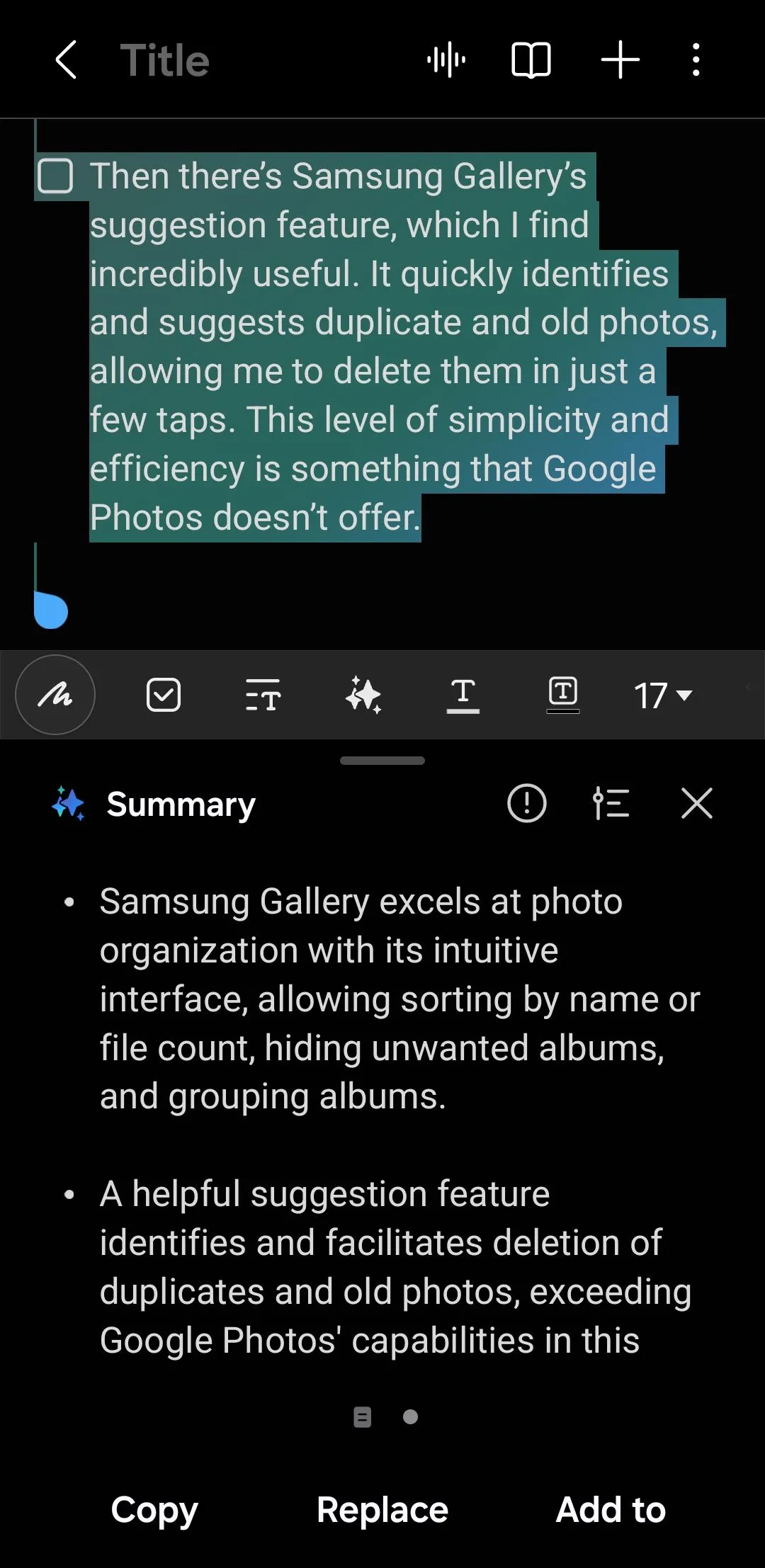 Ứng dụng Samsung Notes hiển thị bản tóm tắt ghi chú với Galaxy AI