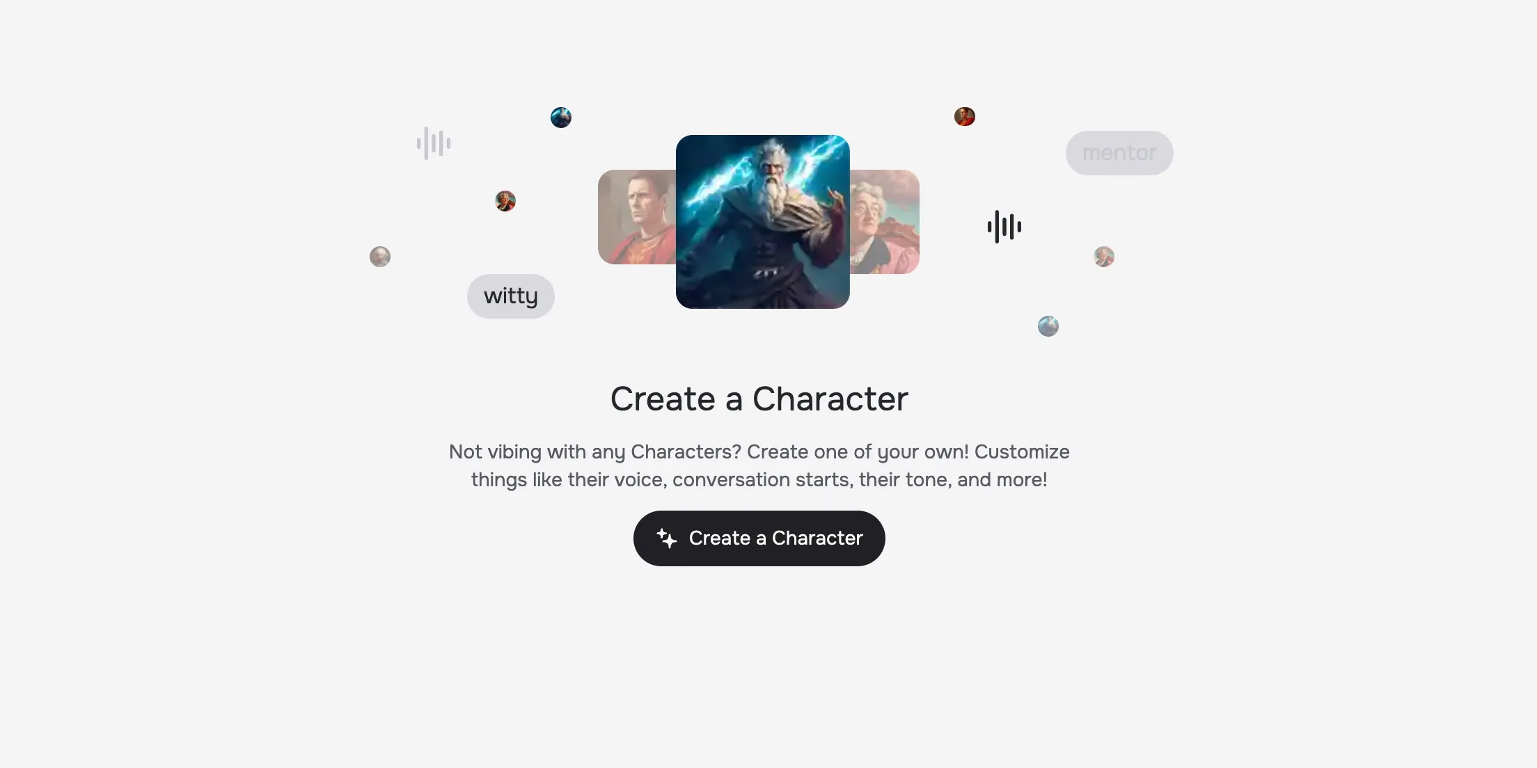 Ứng dụng web Character.AI hiển thị tùy chọn tạo nhân vật AI mới