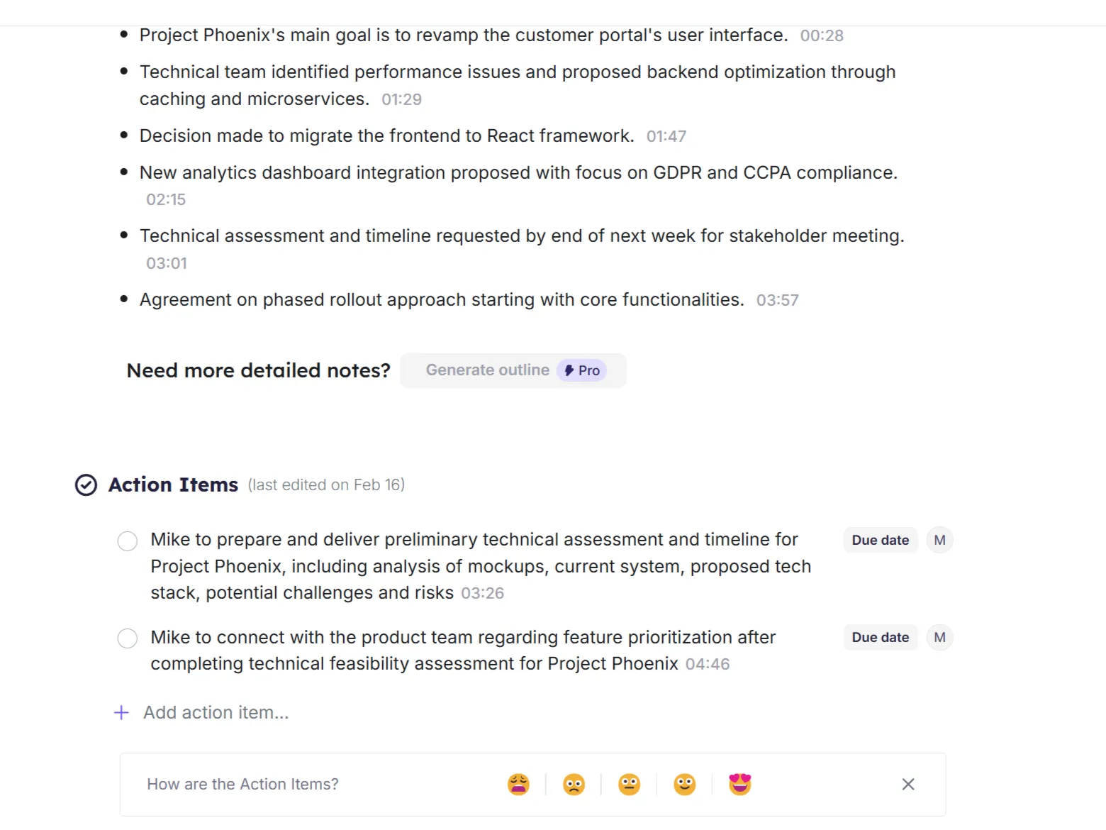 Ứng dụng web Krisp thể hiện các mục hành động quan trọng được trích xuất từ cuộc họp, hỗ trợ quản lý công việc sau họp hiệu quả.
