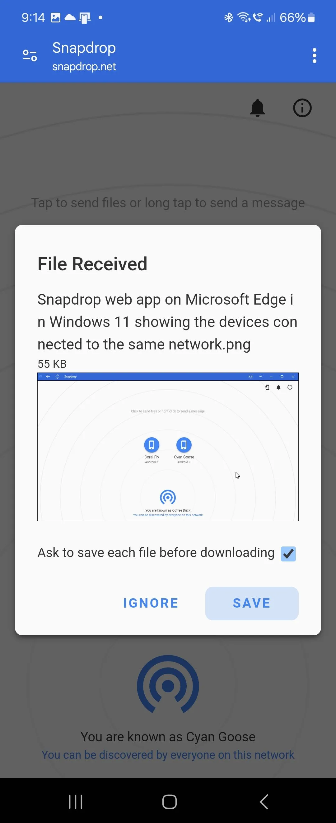 Ứng dụng web Snapdrop với thông báo tệp đã nhận trên điện thoại Android