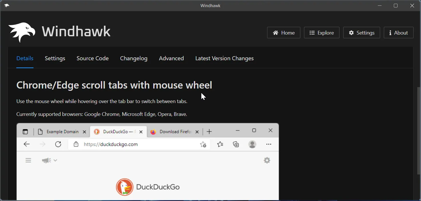 Ứng dụng Windhawk hiển thị thông tin về mod cuộn tab trình duyệt Chrome và Edge bằng con lăn chuột