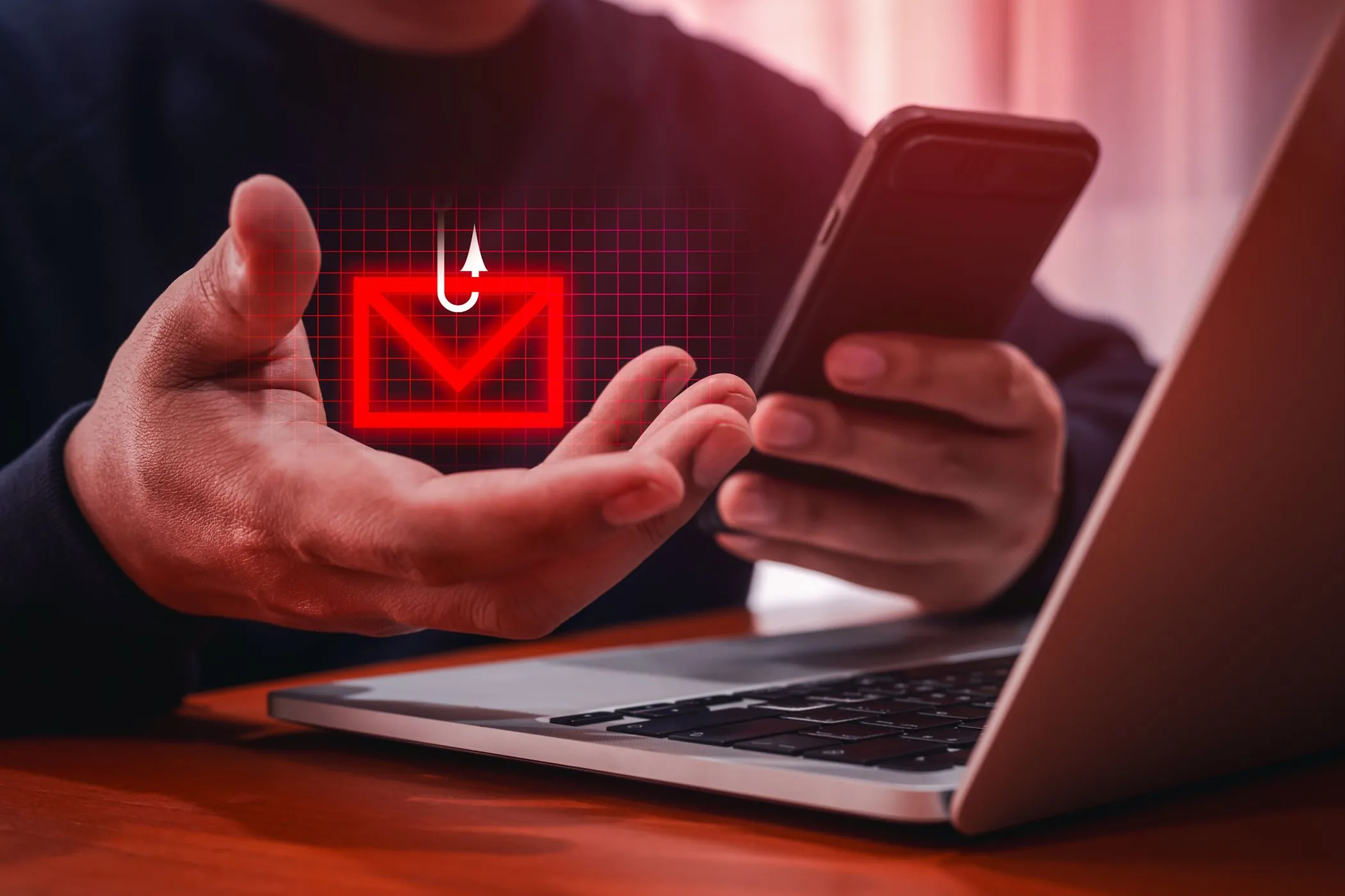 Văn bản smishing với biểu tượng phong bì bên cạnh máy tính xách tay, biểu thị cuộc tấn công lừa đảo qua SMS