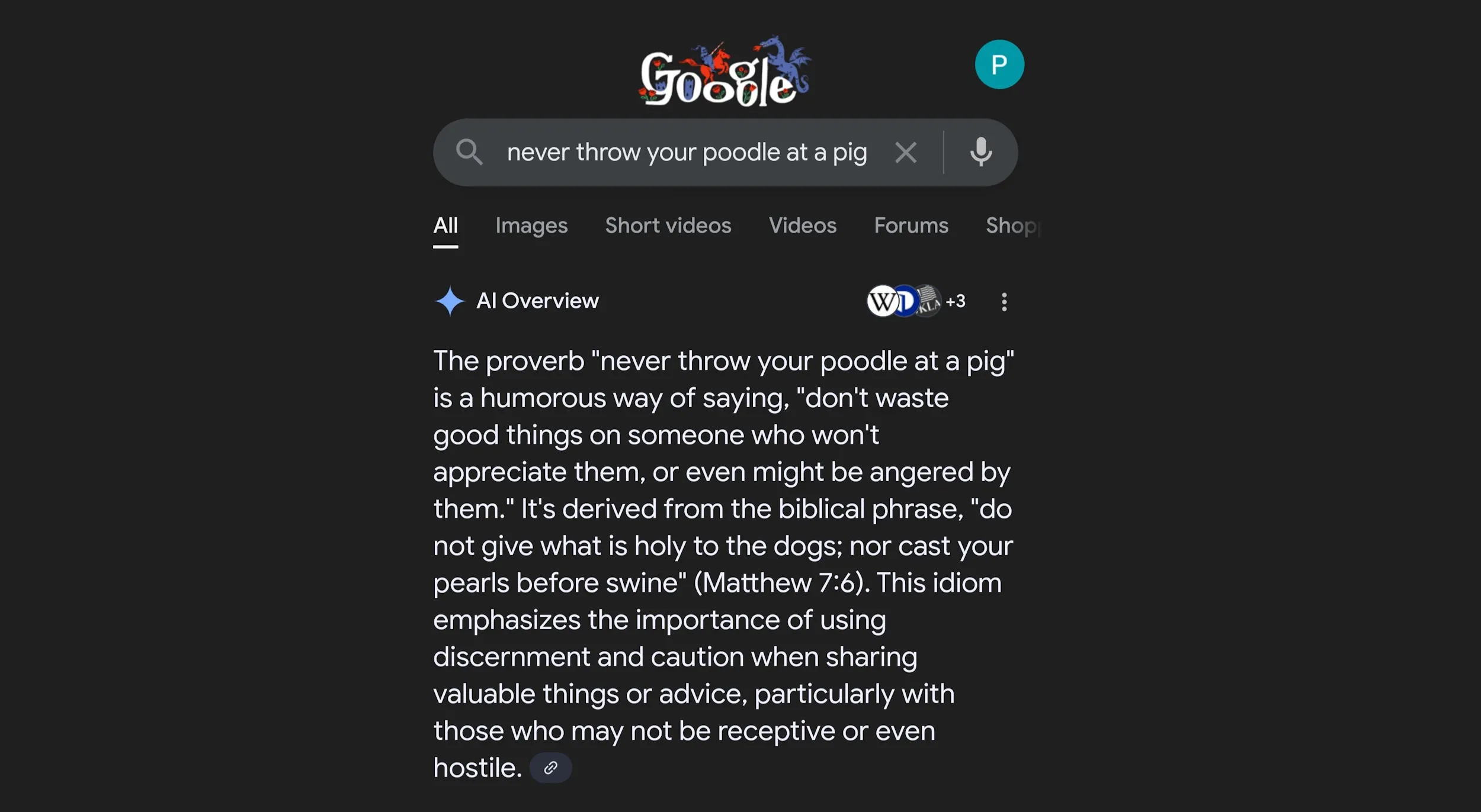 Ví dụ ảo giác AI Overview trích dẫn Kinh Thánh cho câu nói &quot;Never throw your poodle at a pig&quot;