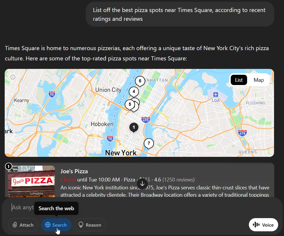 Ví dụ ChatGPT Search đưa ra gợi ý địa điểm pizza nổi tiếng tại New York