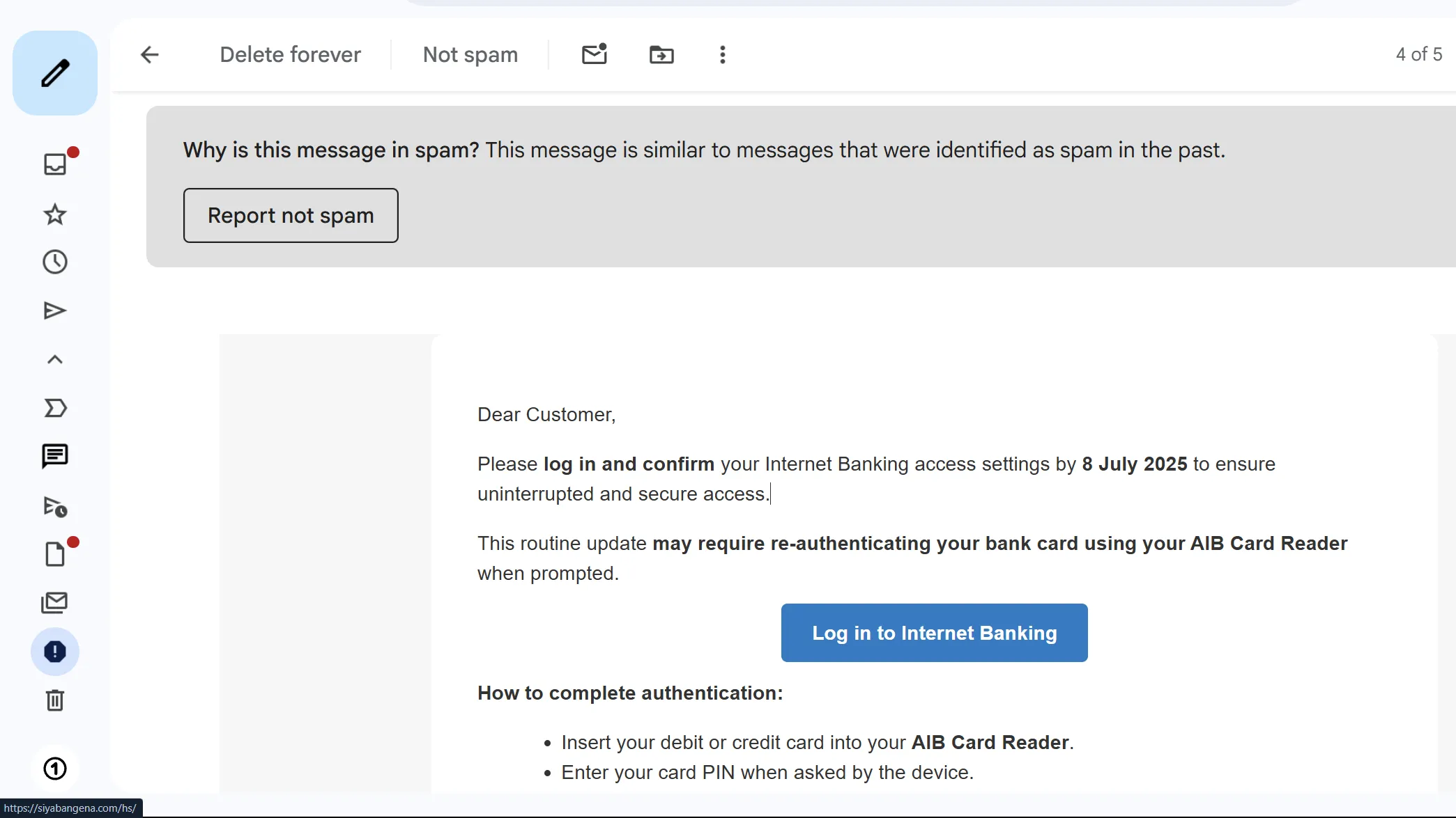 Ví dụ email rác chứa liên kết lừa đảo (phishing) tiềm ẩn nguy hiểm