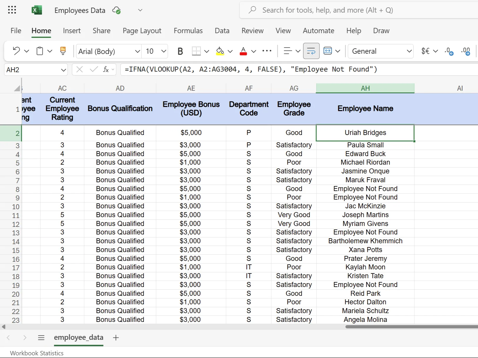 Ví dụ hàm IFNA trong Excel hiển thị thông báo &quot;Employee Not Found&quot; thay vì lỗi #N/A khi không tìm thấy dữ liệu