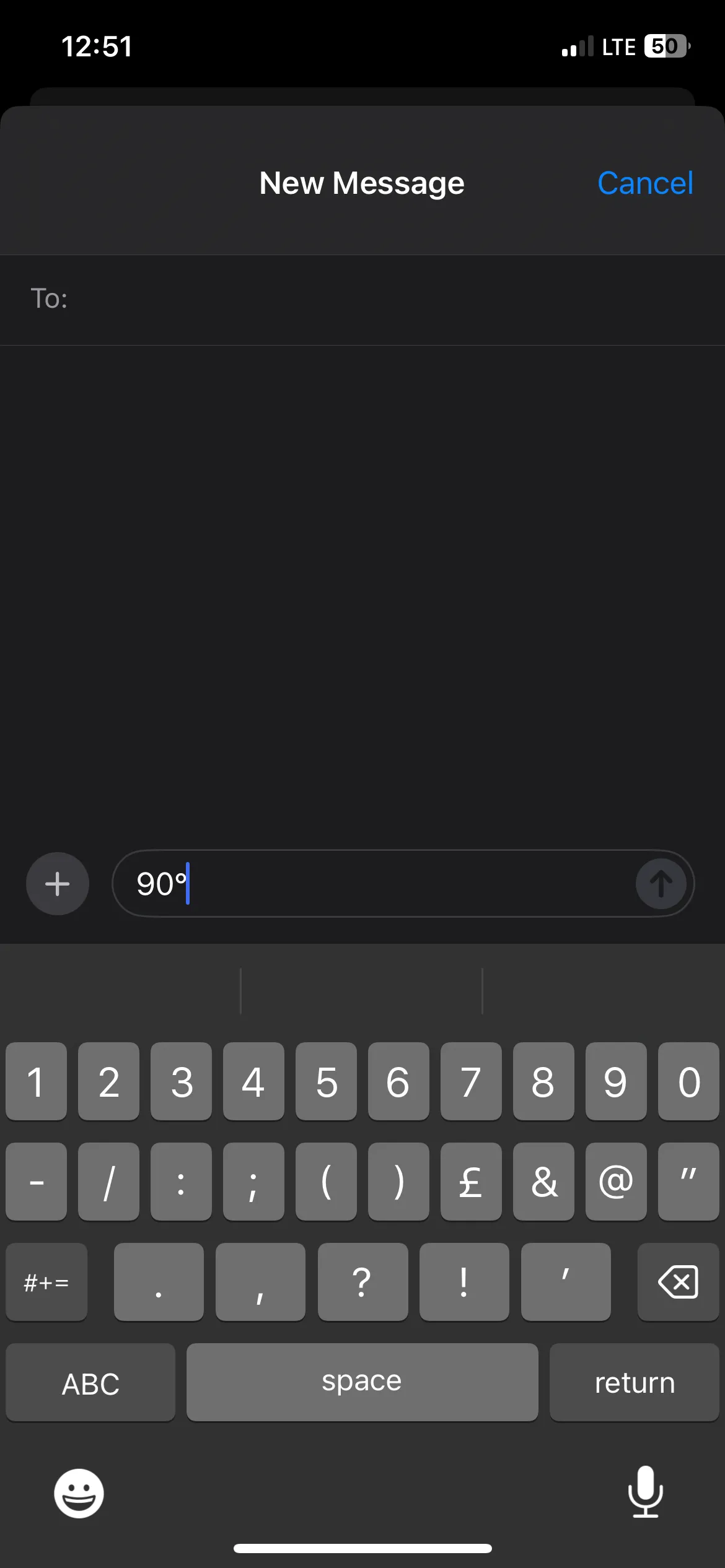 Ví dụ ký hiệu độ (90°) được chèn thành công trong ứng dụng Tin nhắn trên iPhone.