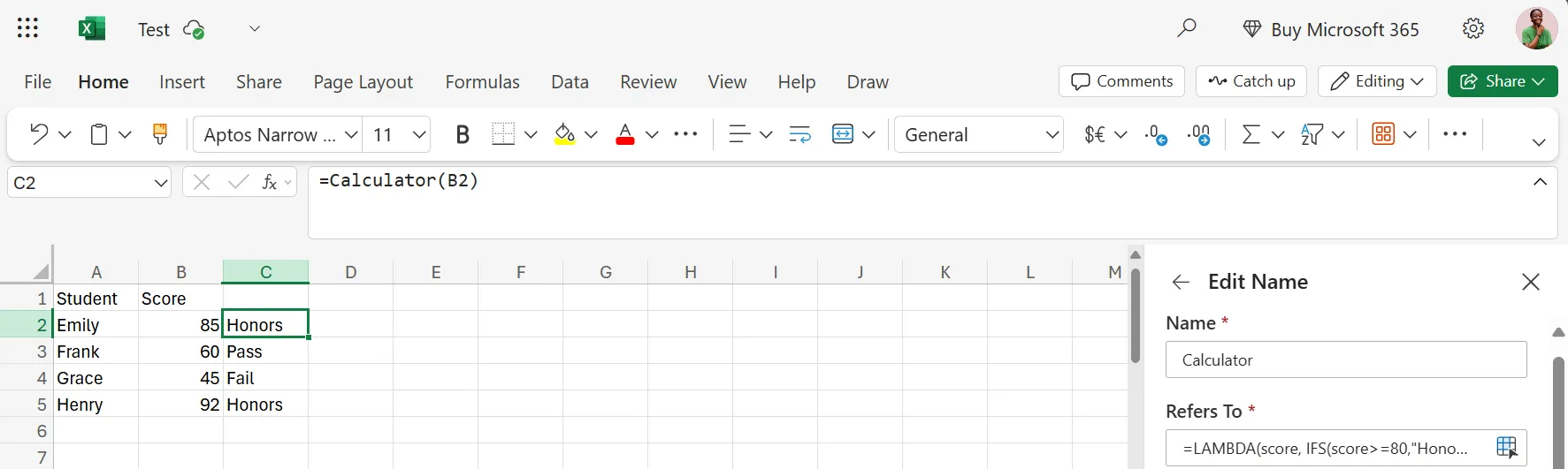 Ví dụ minh họa hàm Score Calculator tùy chỉnh được xây dựng bằng LAMBDA trong Excel