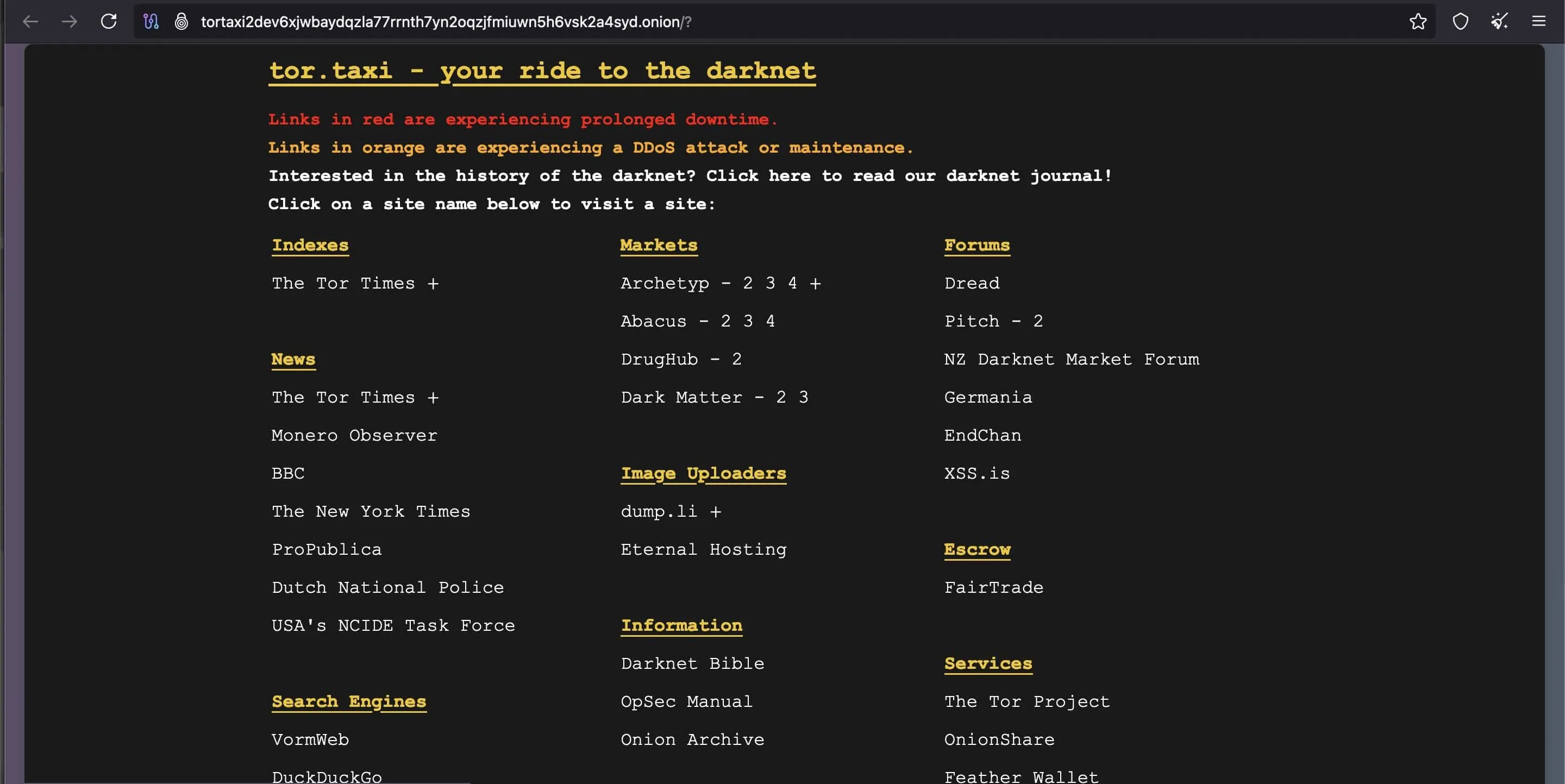 Ví dụ một trang .onion hợp pháp là Tor Taxi trên Dark Web