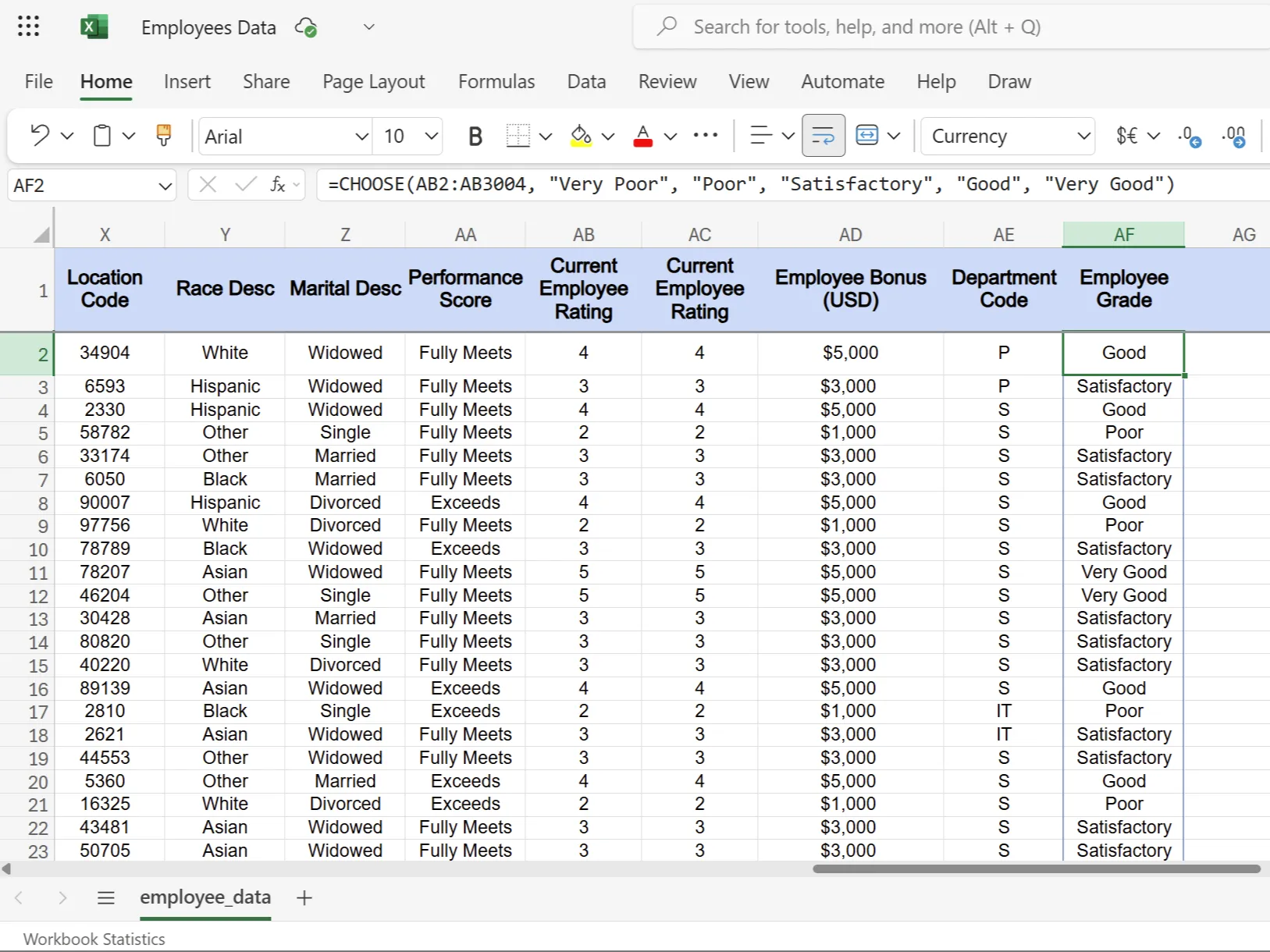 Ví dụ sử dụng hàm CHOOSE trong Excel để chuyển đổi điểm số thành xếp loại hiệu suất nhân viên