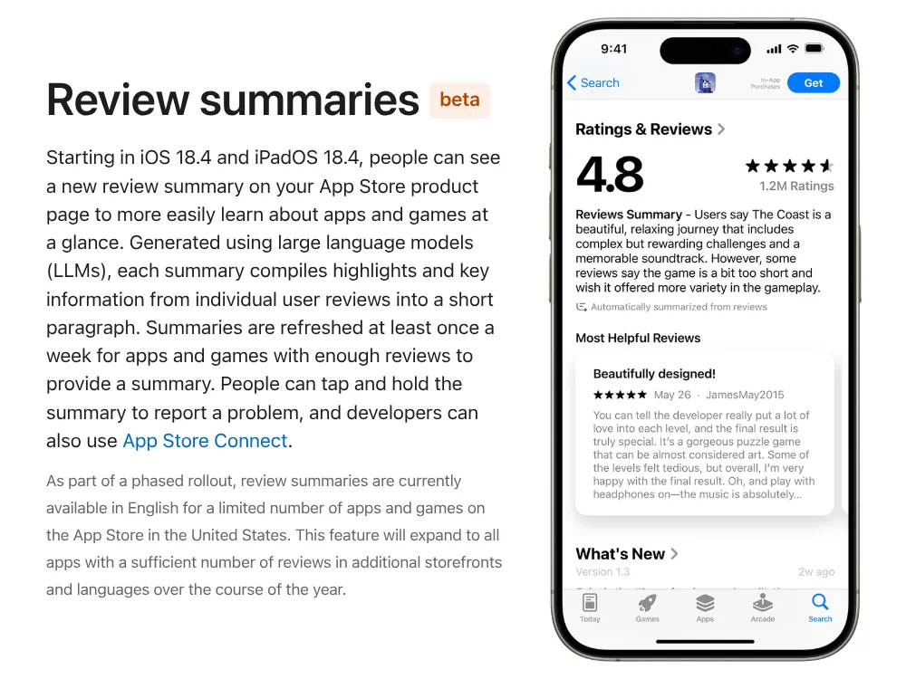 Ví dụ tính năng tóm tắt đánh giá ứng dụng bằng AI trên Apple App Store iOS 18.4