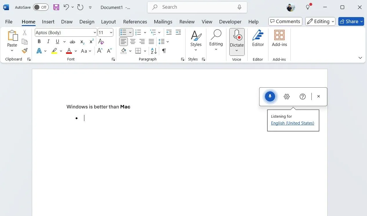 Ví dụ về cách định dạng văn bản (in đậm) bằng lệnh giọng nói trong Microsoft Word Dictation