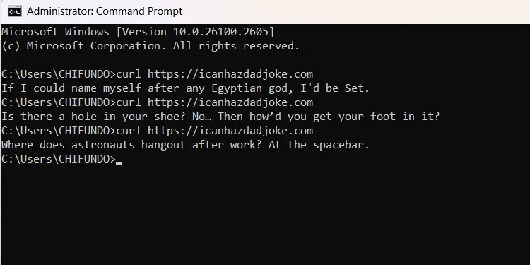 Ví dụ về một câu đùa 'ông bố' ngẫu nhiên được tạo ra trong Command Prompt