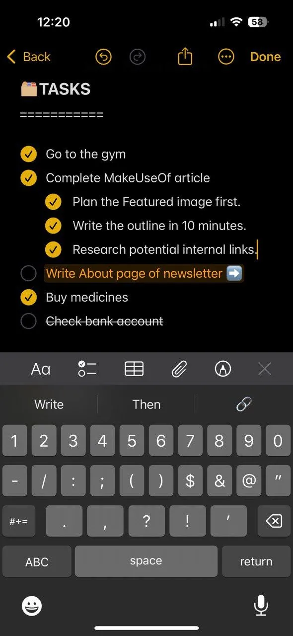 Ví dụ về một ghi chú Daily Log trong Apple Notes, bao gồm phần Tasks, Events và Notes, với các mục được đánh dấu bằng biểu tượng Bullet Journal.