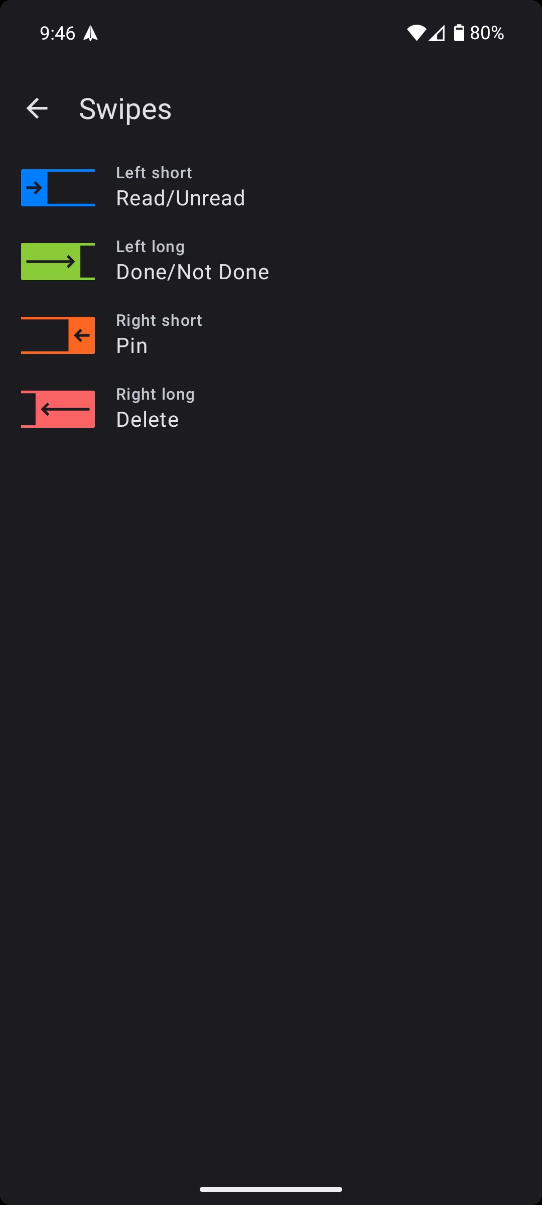 Ví dụ về thao tác vuốt trên ứng dụng Spark Mail Android, cho phép đánh dấu đã đọc/chưa đọc hoặc ghim/xóa email