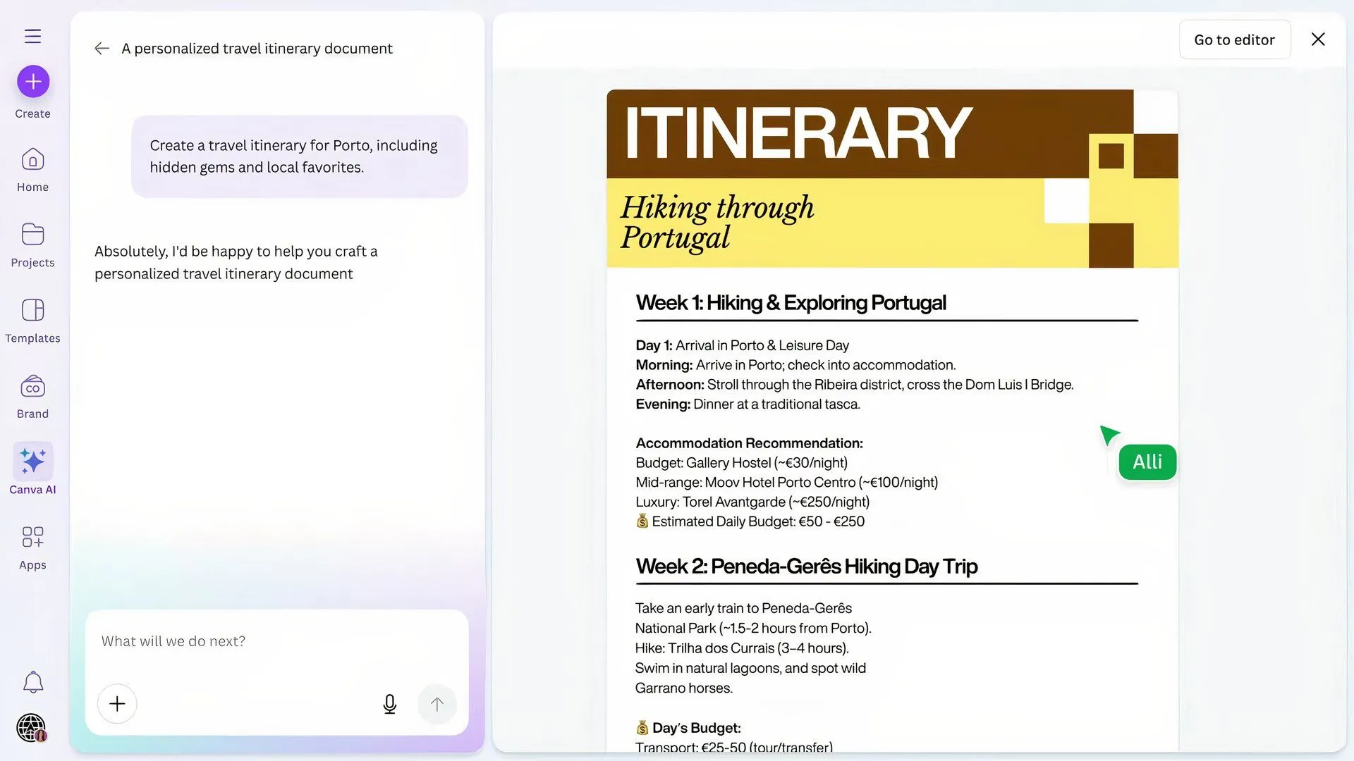 Ví dụ về việc tạo tài liệu với tính năng Draft a Doc của Canva AI.