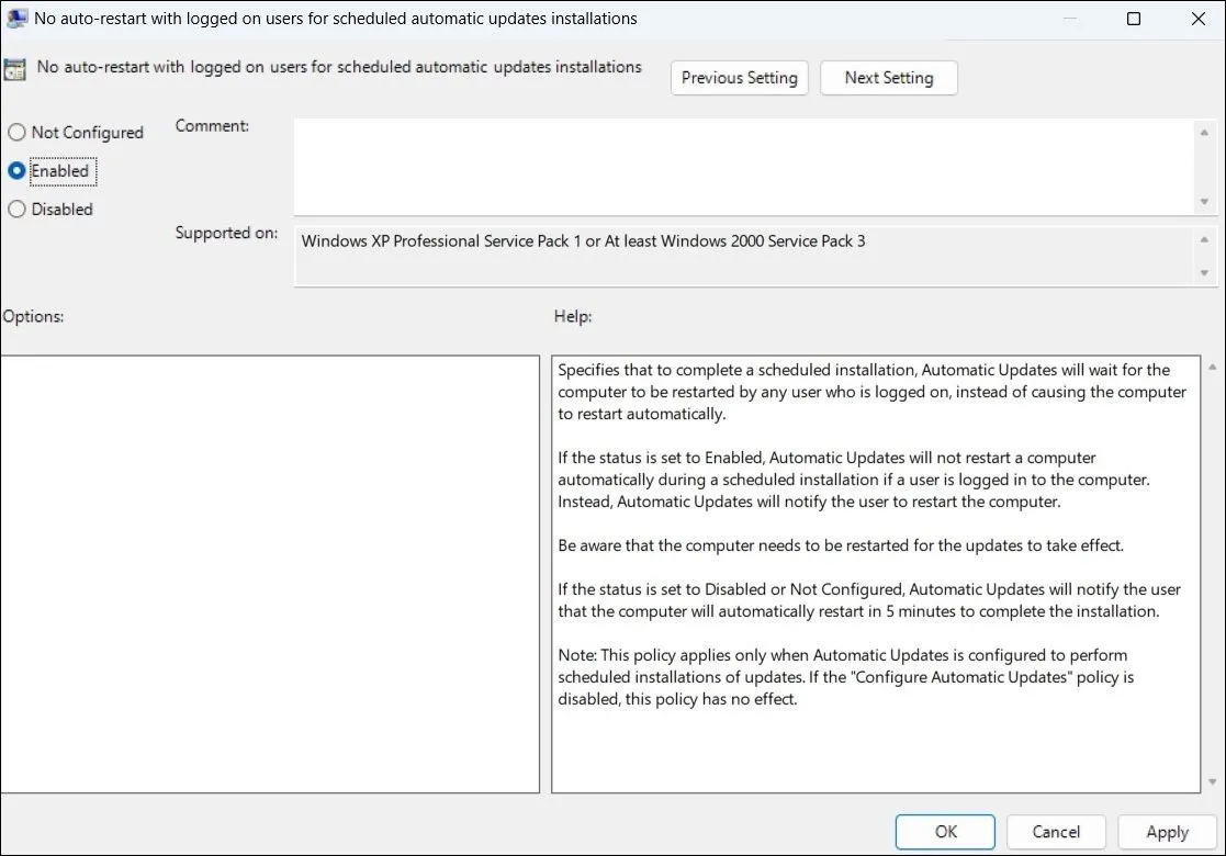 Vô hiệu hóa chính sách tự động khởi động lại cho các bản cập nhật trong Group Policy Editor