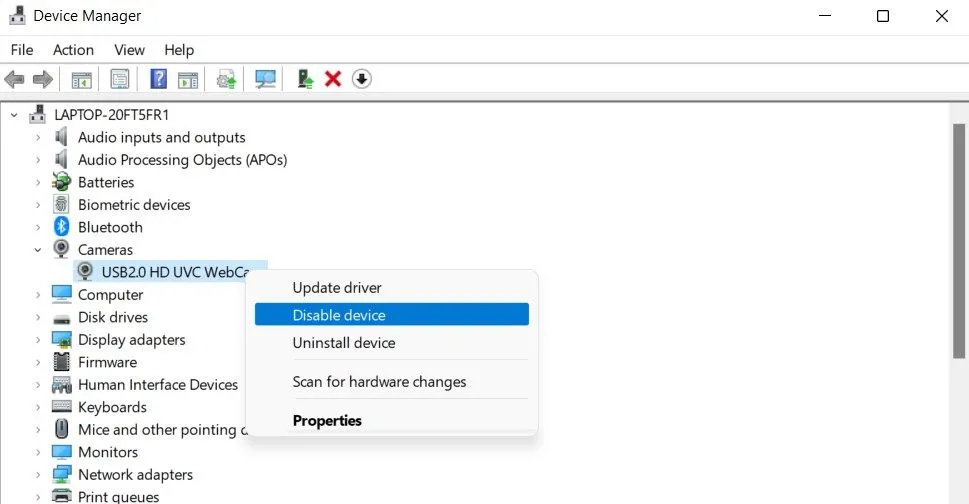 Vô hiệu hóa Webcam qua Device Manager trong Windows
