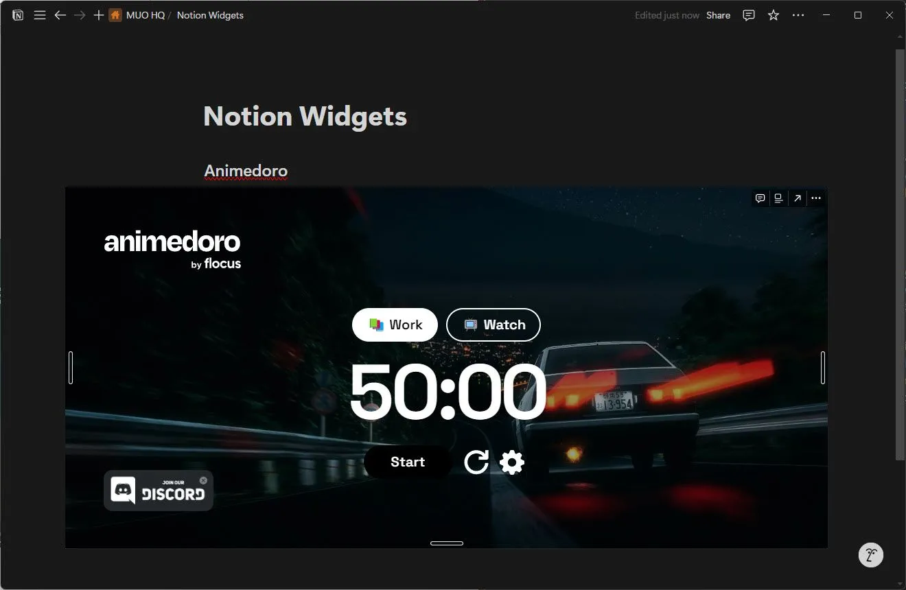 Widget Animedoro hoạt động trên Notion với giao diện hẹn giờ Pomodoro chủ đề anime