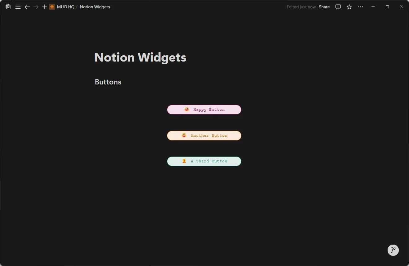 Widget Buttons của Indify hiển thị các nút bấm tùy chỉnh làm lối tắt trên trang Notion