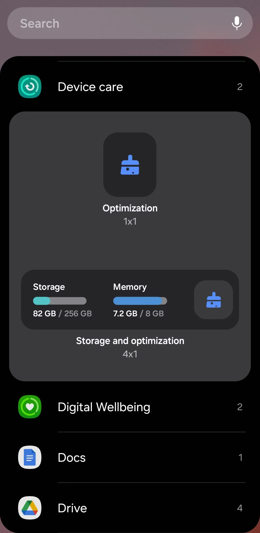 Widget Chăm sóc thiết bị (Device Care) trên Android hiển thị mức tiêu thụ bộ nhớ và nút tối ưu hóa