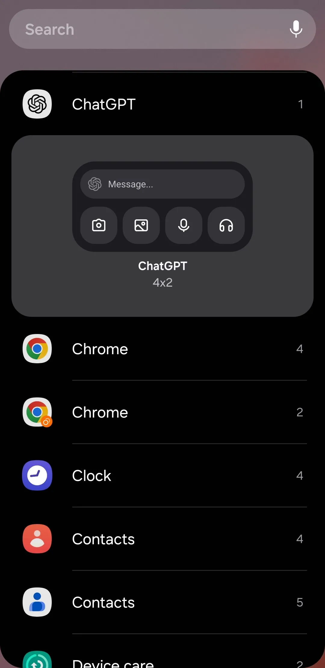 Widget ChatGPT trên màn hình chính Android với các tùy chọn nhập liệu bằng văn bản, giọng nói và hình ảnh