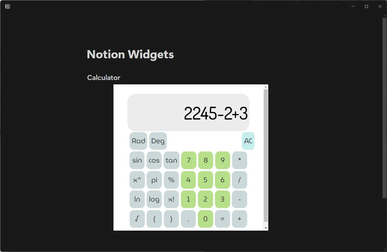 Widget máy tính cơ bản tích hợp trực tiếp trên trang Notion, hỗ trợ tính toán nhanh