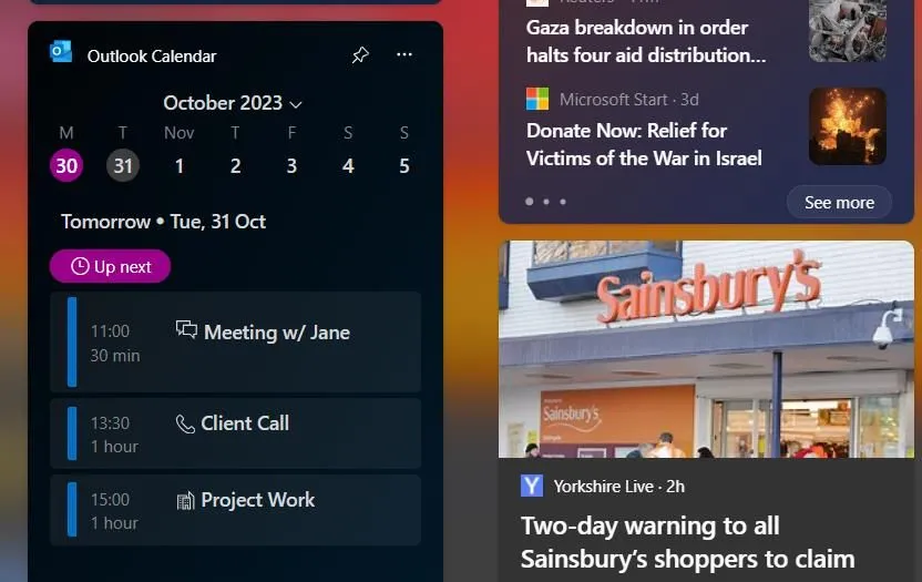 Widget năng suất lịch Outlook trên Windows 11 giúp theo dõi sự kiện hàng ngày